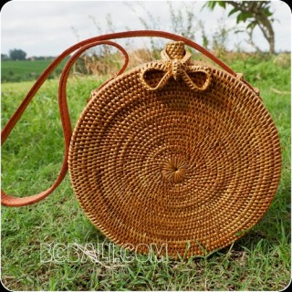 rattan hand woven ata handbag full handmade circle short handle leather